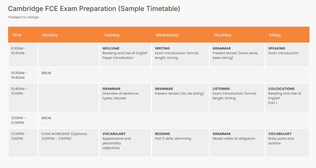 ケンブリッジコースTime table